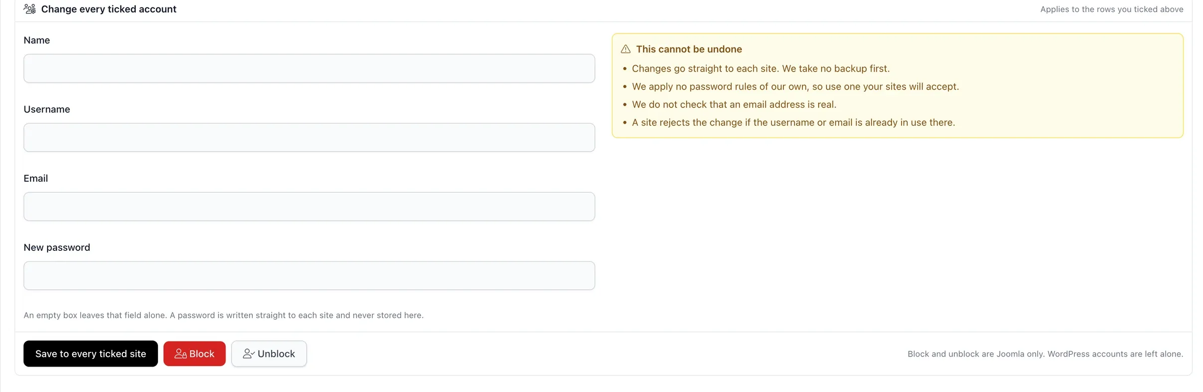 The Change every ticked account panel in mySites.guru, with Name, Username, Email and New password fields, a warning that the change cannot be undone, and Save, Block and Unblock buttons
