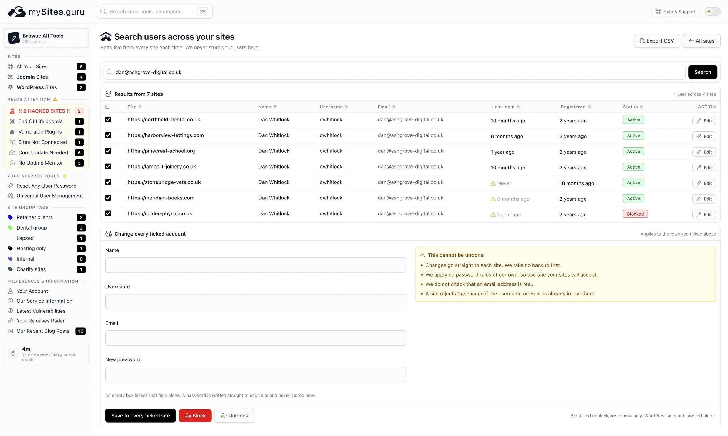 The mySites.guru cross-site user search showing one person found on seven different client sites, with site, name, username, email, last login, registered and status columns, and every row ticked