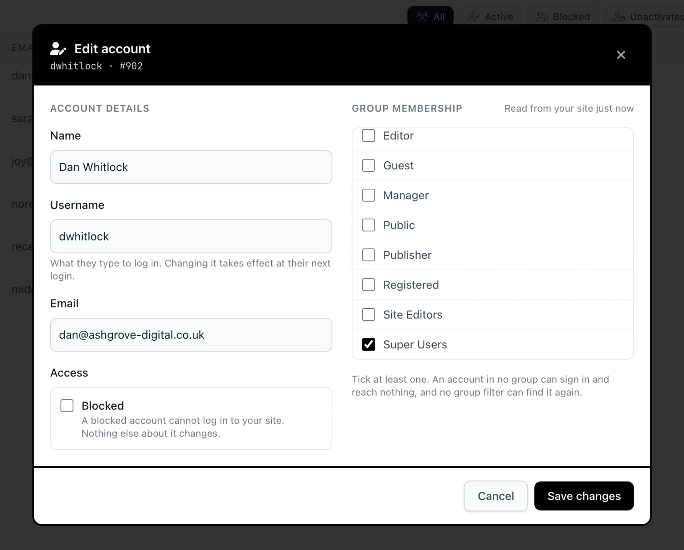 The mySites.guru user editor showing account details on the left and a Group membership list on the right with Super Users ticked, read live from the site