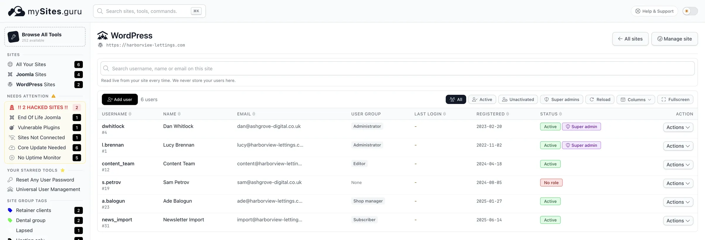 The mySites.guru user manager on a WordPress site, showing an account with a red No role badge, an empty Last login column, and no Blocked filter chip