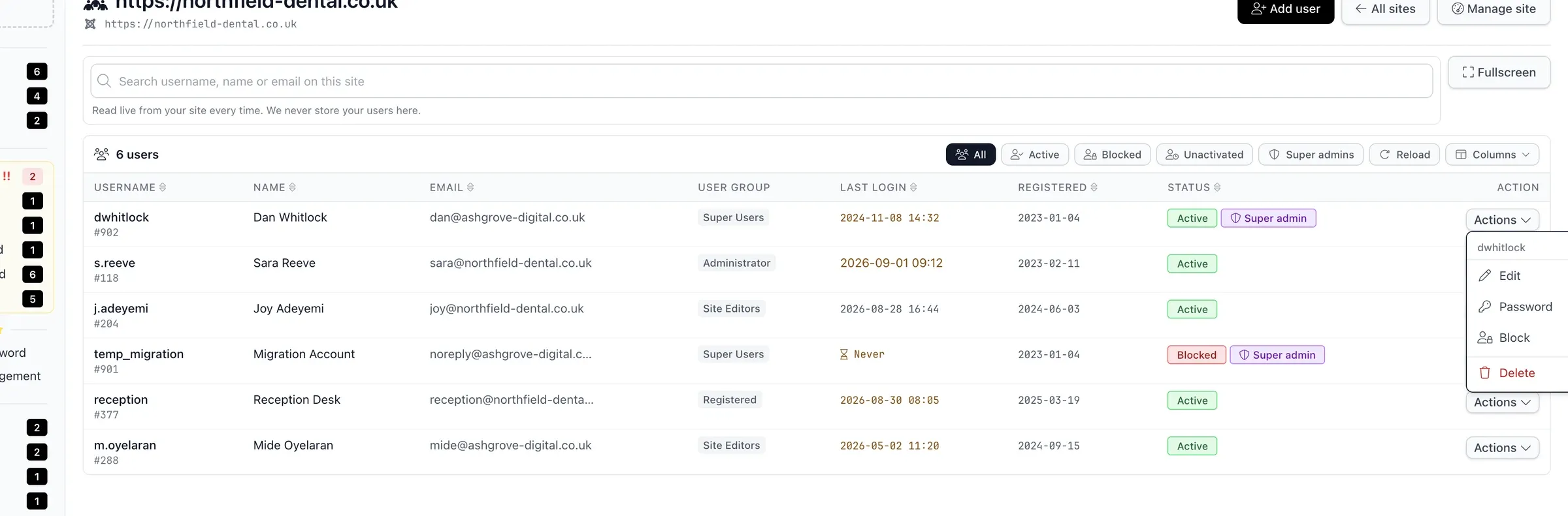 The row actions menu open on a Joomla user in mySites.guru, offering Edit, Password, Block and Delete, with Delete in red