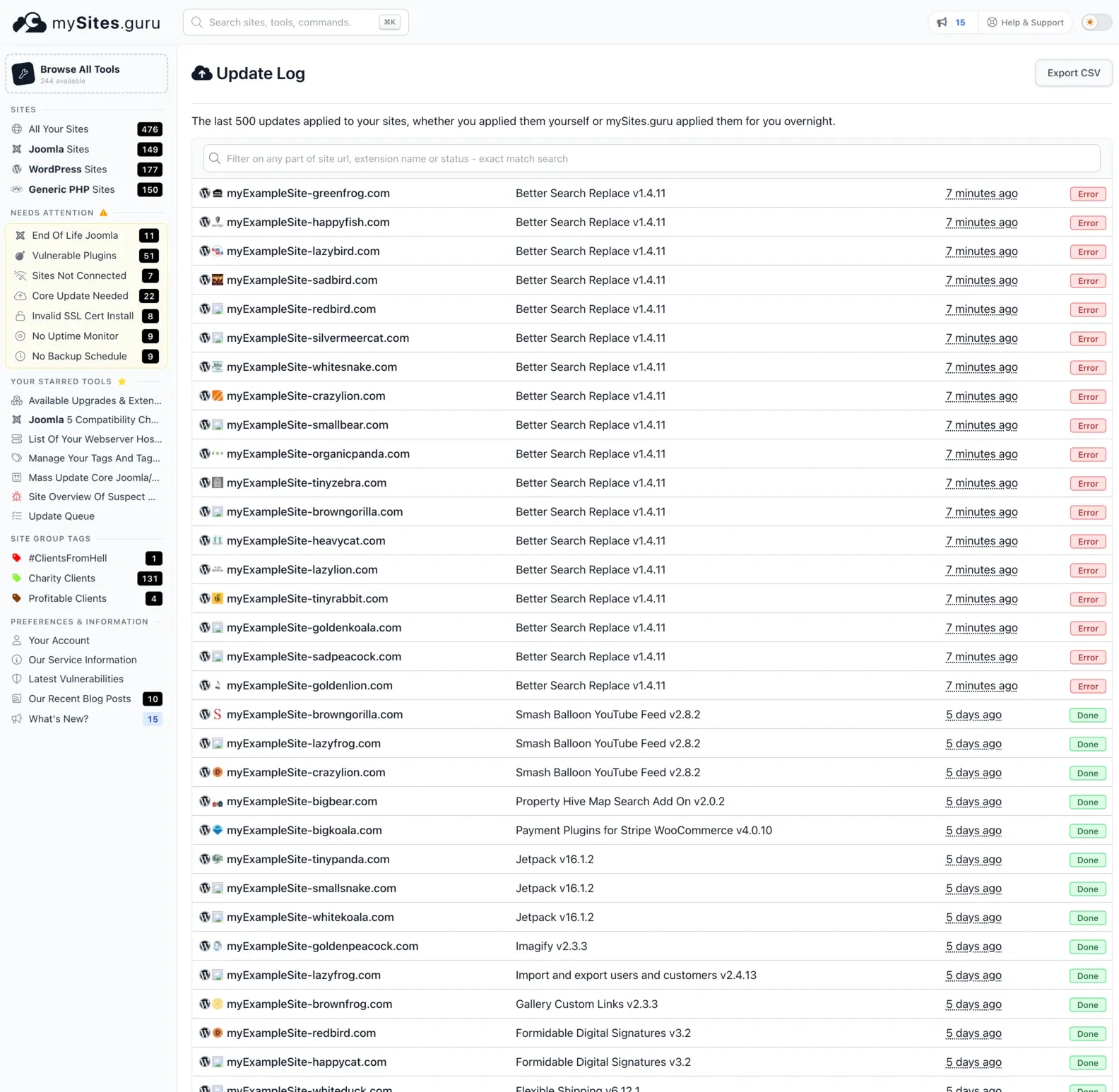 The revamped Update Log in mySites.guru. A filter box sits above a list of recent updates, each row showing the site, the extension and version applied, how long ago it ran, and a status badge. Rows applied seven minutes ago show a red Error badge against Better Search Replace v1.4.11 across many sites, while older rows from five days ago show green Done badges for Jetpack, Imagify and other plugins. An Export CSV button sits at the top right.