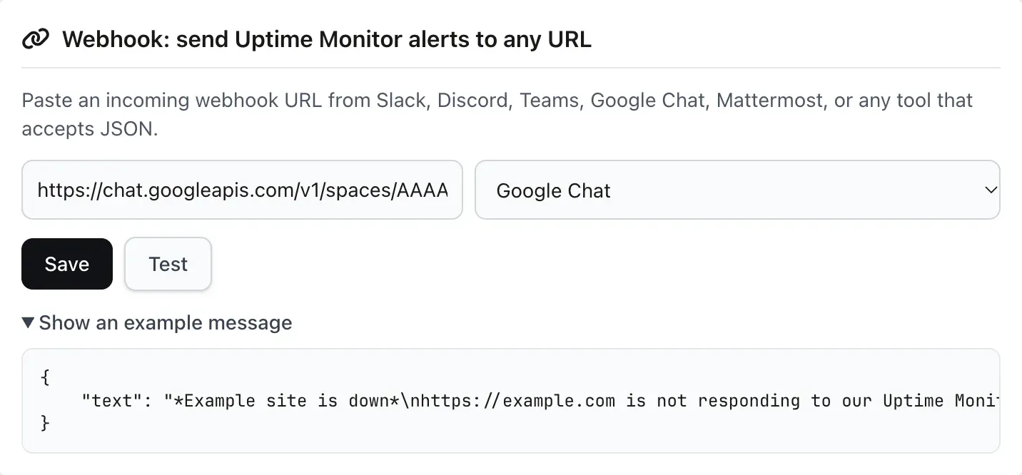 The mySites.guru webhook card with a Google Chat URL pasted in, Google Chat selected automatically in the format menu, Save and Test buttons, and an example message expanded below showing the JSON text body