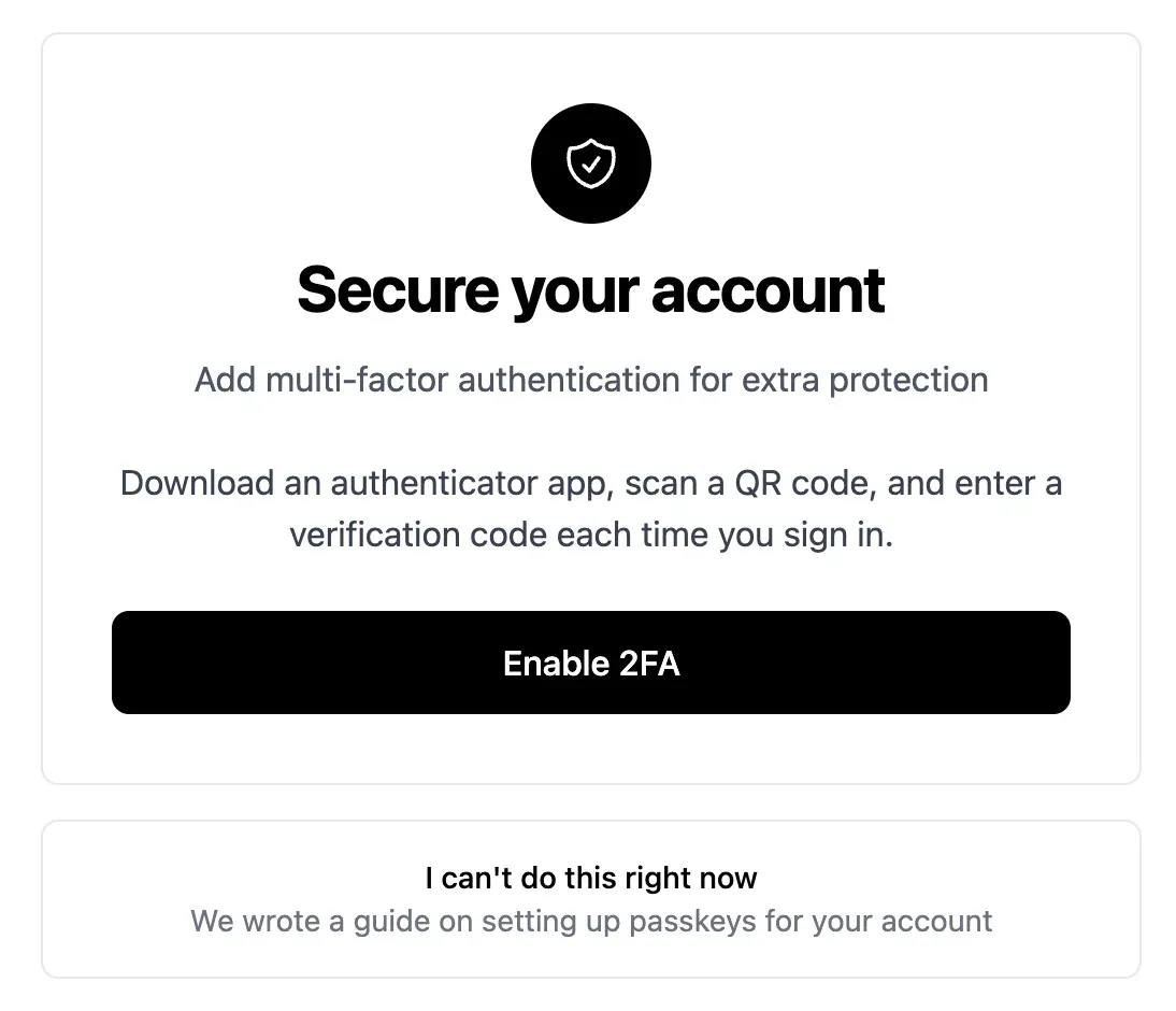 mySites.guru's "Secure your account" prompt, requiring two-factor authentication before a feature like the File Manager can be enabled or opened