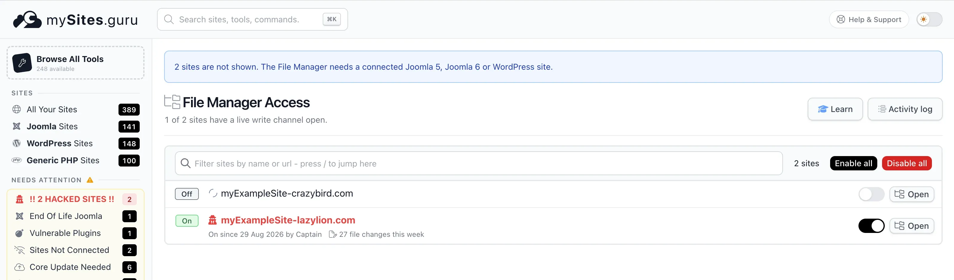 The File Manager Access page listing every eligible site with its on/off state, last-changed details, and an Open button that jumps straight into that site's File Manager