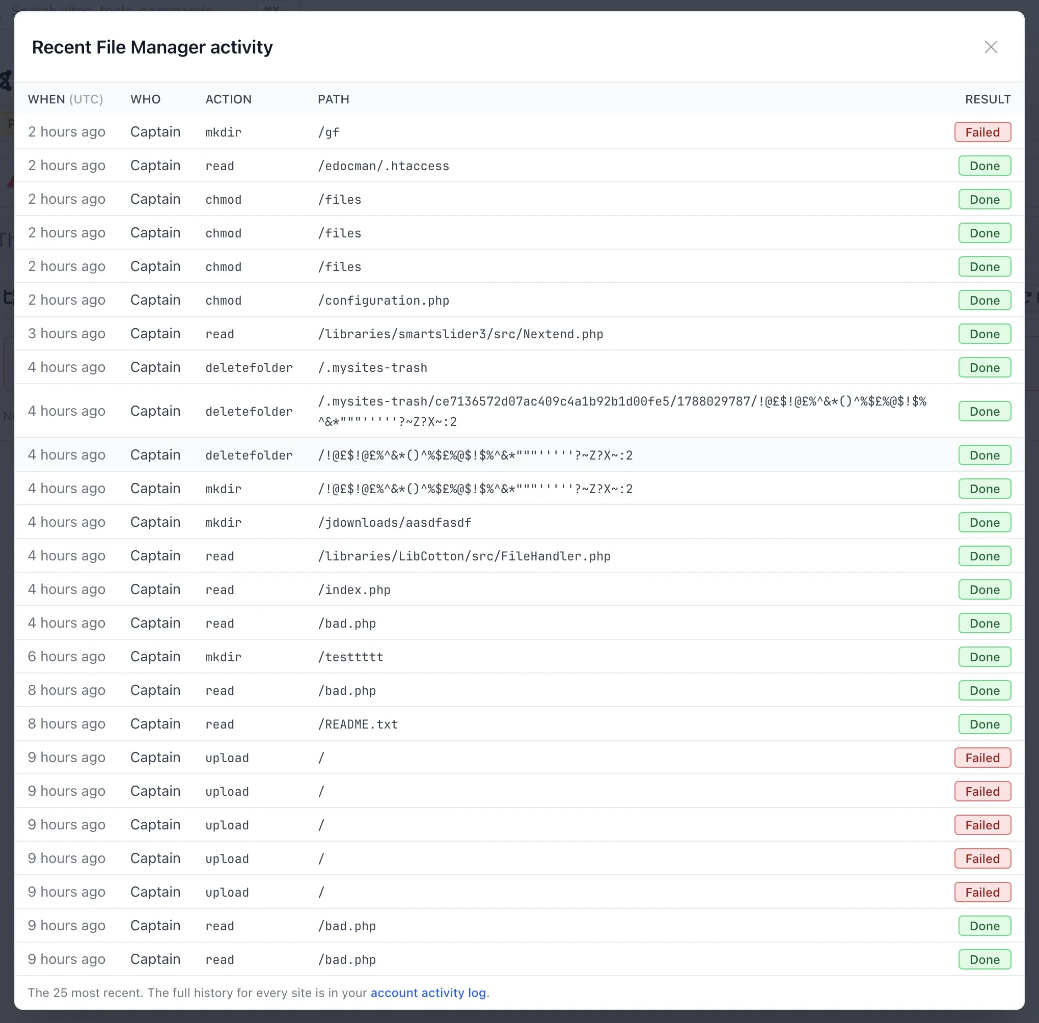 The mySites.guru Recent File Manager Activity log, listing who performed each mkdir, read, chmod, delete and upload action, the path touched, and whether it succeeded or failed