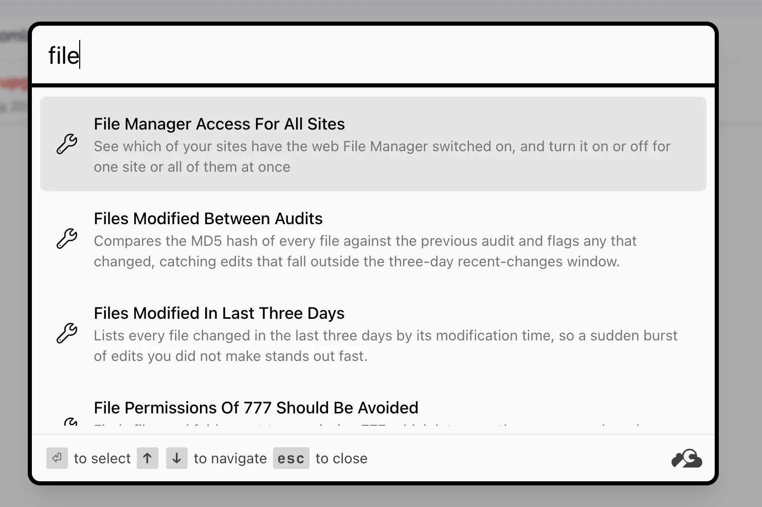 Searching "file" in the mySites.guru command palette, with "File Manager Access For All Sites" as the top result