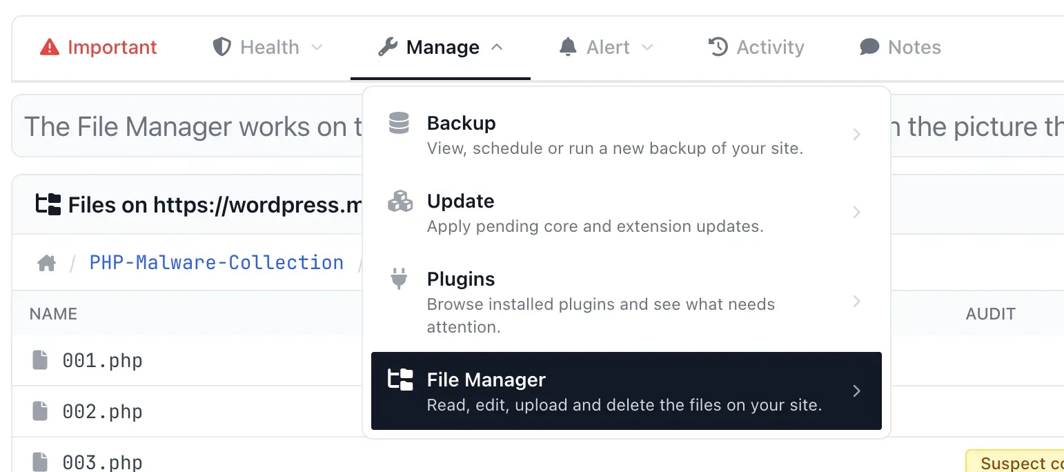 The mySites.guru Manage tab dropdown for a site, listing Backup, Update, Plugins and File Manager as options