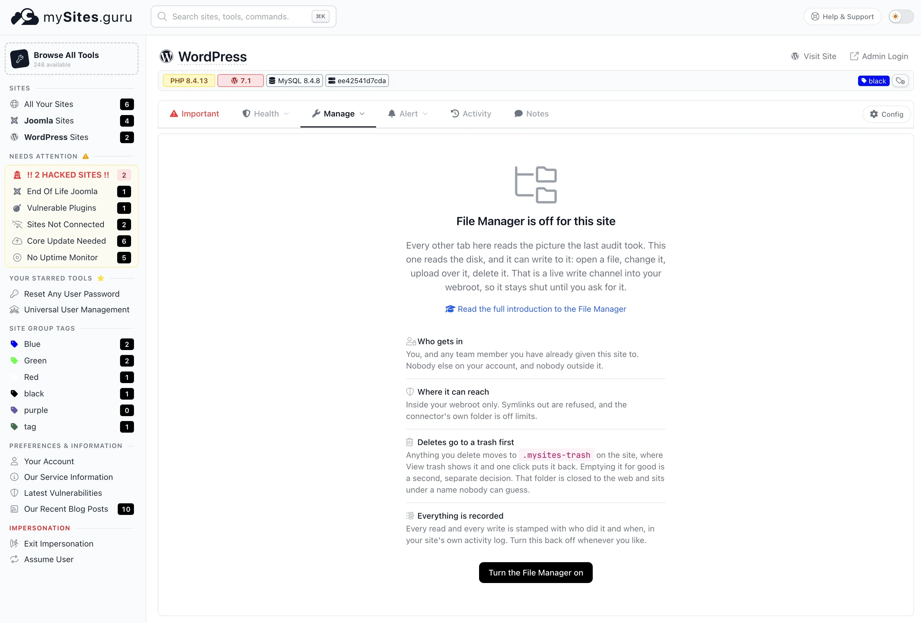 The mySites.guru File Manager off-state screen for a WordPress site, explaining who gets access, where the file manager can reach, that deletes go to a trash first, and that every action is recorded, above a "Turn the File Manager on" button