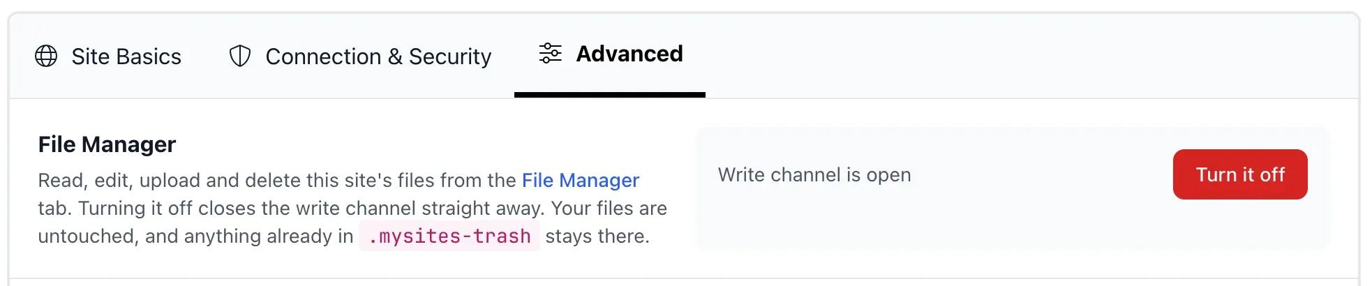 The File Manager section of a site's Config tab, under Advanced, in mySites.guru, showing "Write channel is open" next to a red Turn it off button