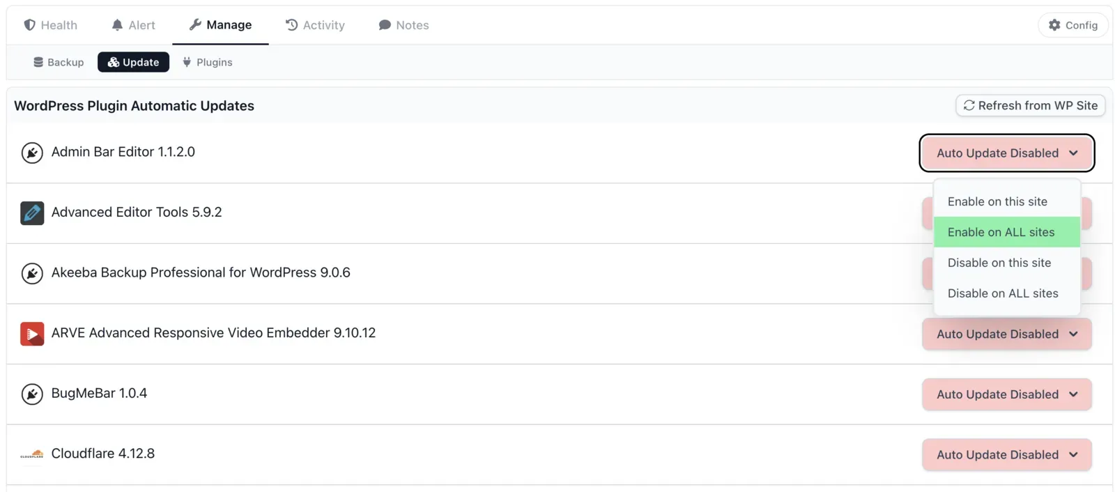mySites.guru WordPress Plugin Automatic Updates UI showing per-plugin Auto Update toggles with a dropdown offering Enable on this site, Enable on ALL sites, Disable on this site, and Disable on ALL sites