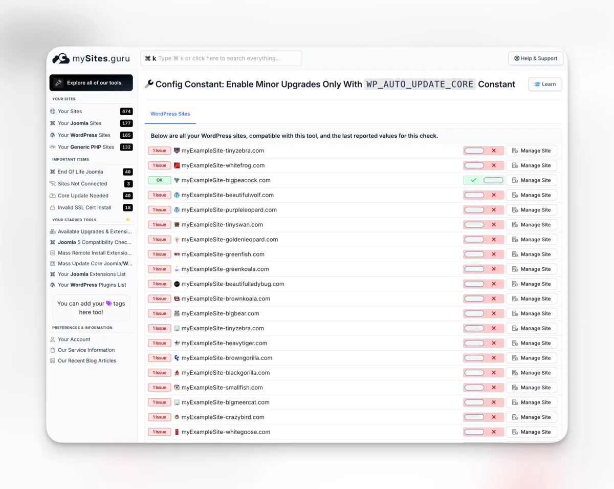 WP_AUTO_UPDATE_CORE status across all WordPress sites in mySites.guru, with per-site toggles