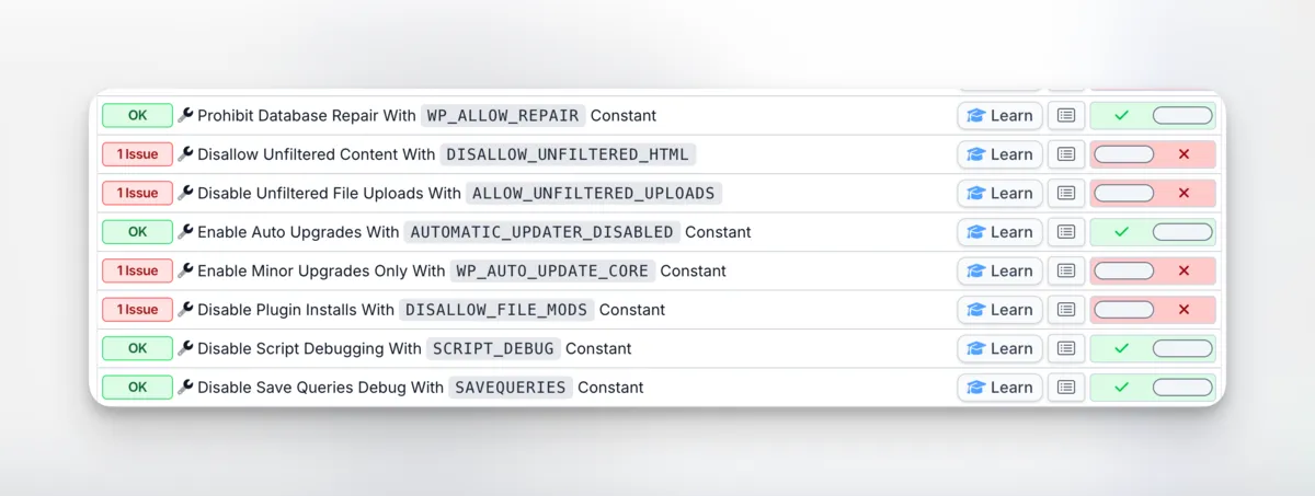 mySites.guru WordPress Configuration audit showing WP_AUTO_UPDATE_CORE alongside other wp-config.php constants with one-click toggles