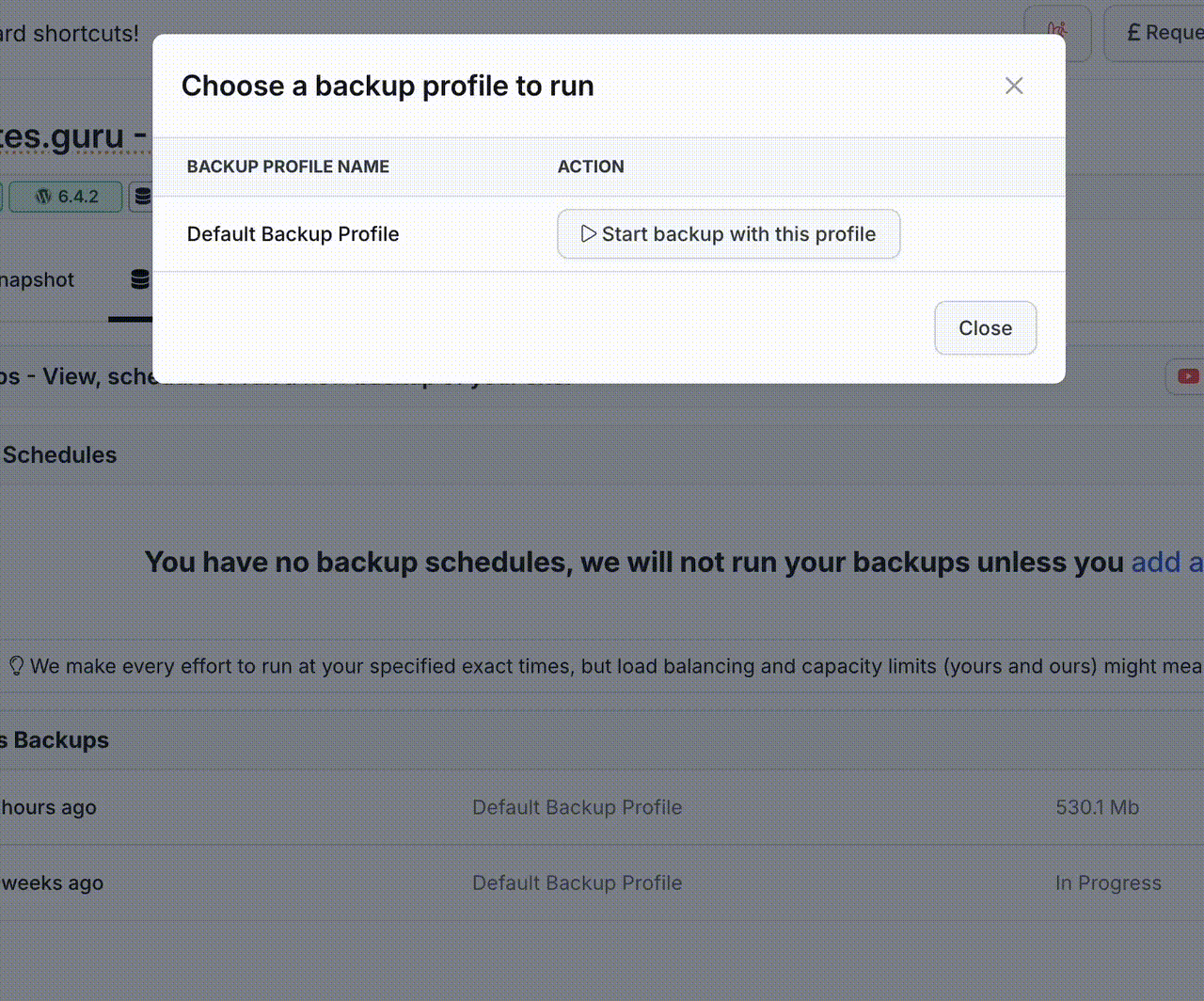 Running a backup across multiple sites in mySites.guru with a single click