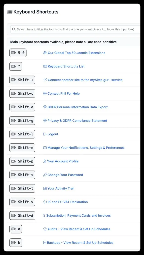 Just some of the long list of keyboard shortcuts in the mySites.guru service