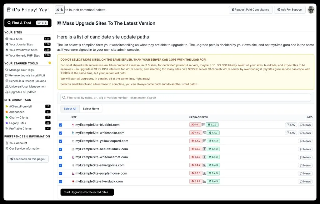Mass Upgrade Sites To The Latest Version using mySites.guru