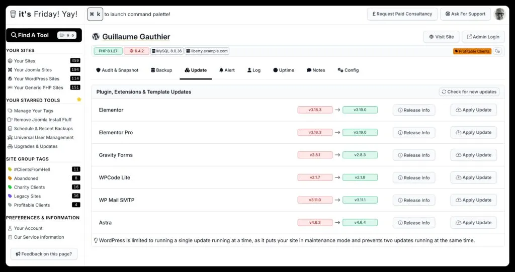 WordPress Updates on a site in mySites.guru