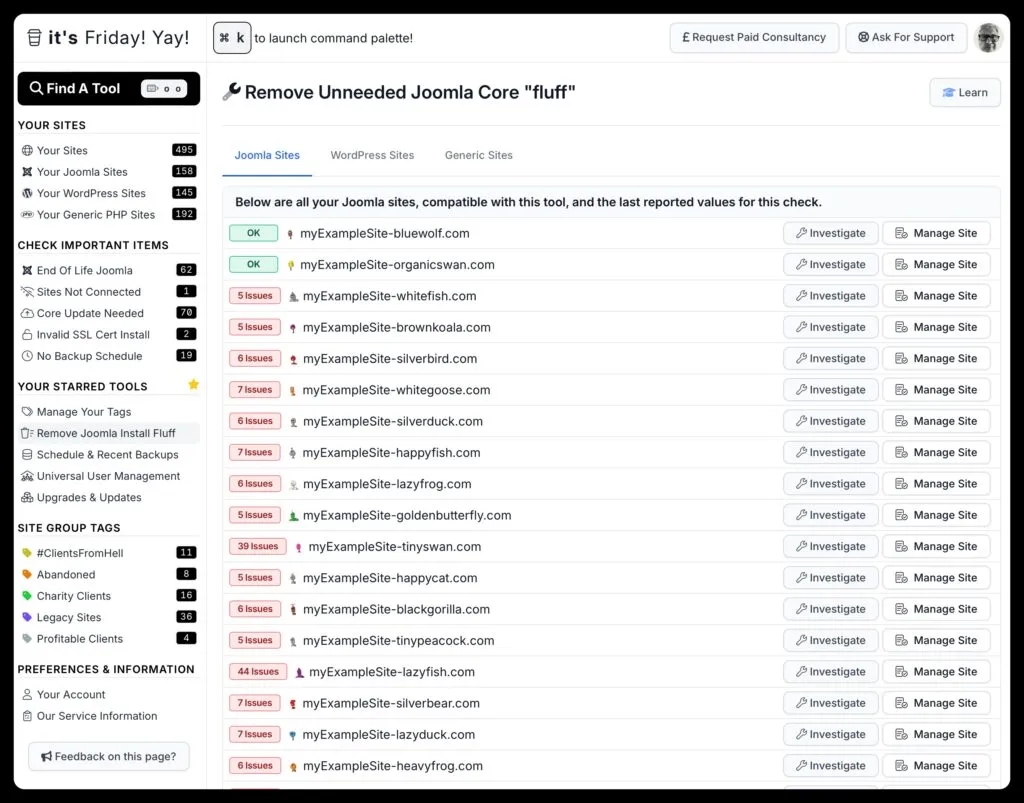 View the fluff files in joomla across many sites