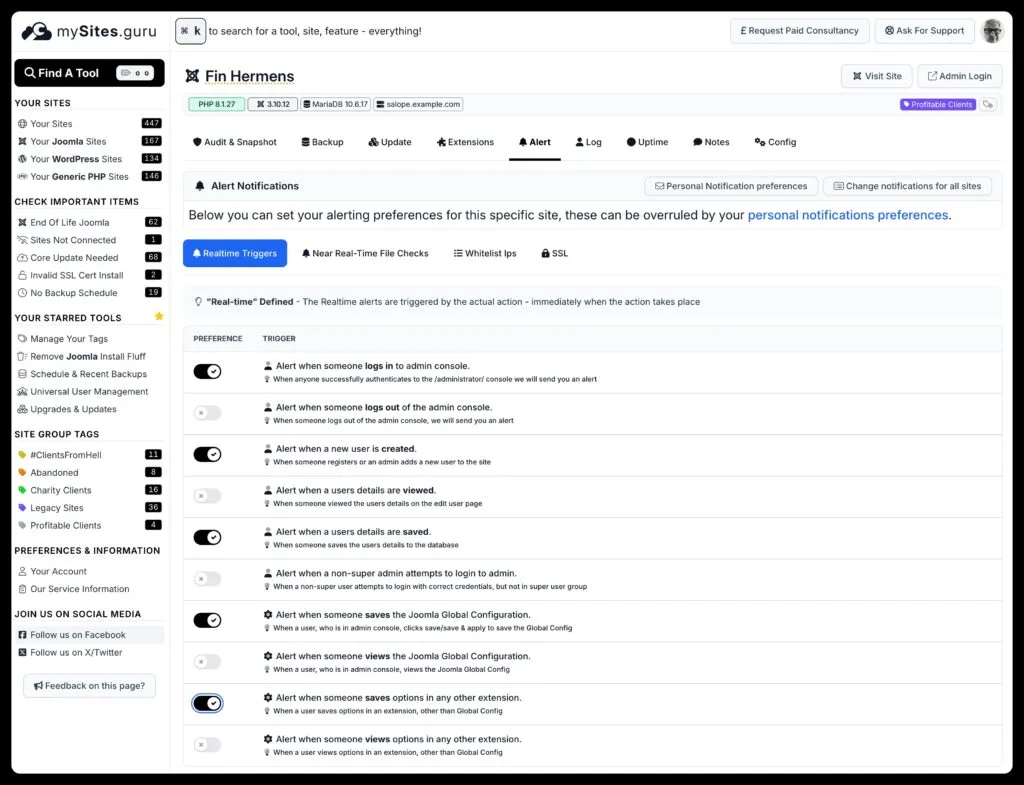 set your alerting preferences in mySites.guru
