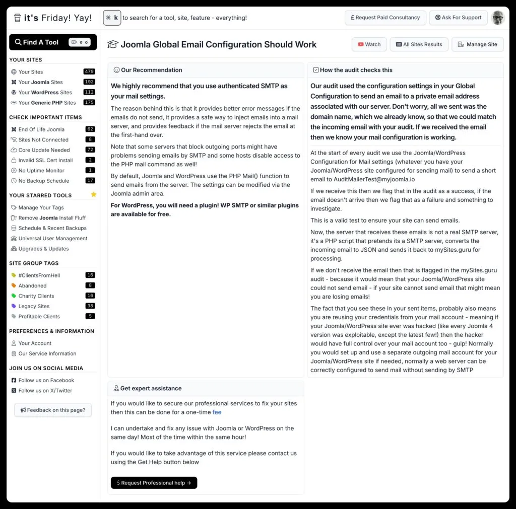 The learn More page from the mySites.guru service for the Joomla Global Config email configuration