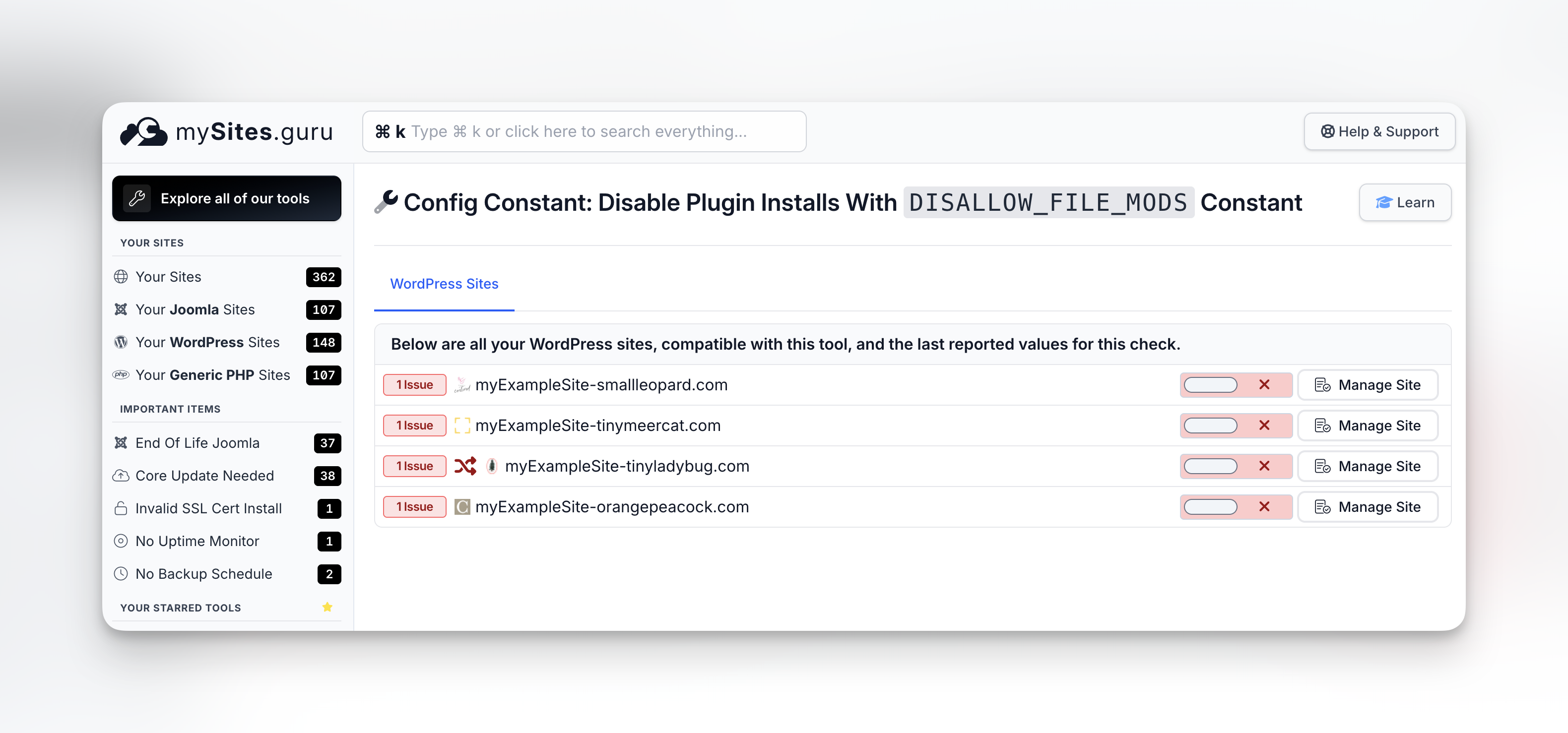 DISALLOW_FILE_MODS status across all WordPress sites in mySites.guru