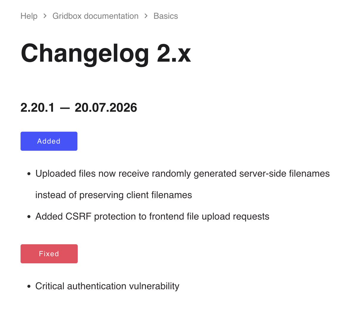 Screenshot of the Balbooa Gridbox changelog page. Under the heading 2.20.1 dated 20.07.2026, an Added section lists two items: uploaded files now receive randomly generated server-side filenames instead of preserving client filenames, and added CSRF protection to frontend file upload requests. A Fixed section below it contains a single item: Critical authentication vulnerability.