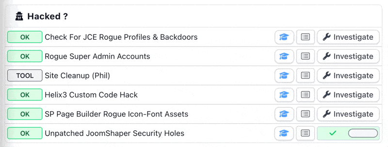 Toggling the “Unpatched JoomShaper Security Holes” option on in the Hacked? section of the mySites.guru snapshot dashboard, alongside the other one-click Joomla cleanup tools: Check For JCE Rogue Profiles & Backdoors, Rogue Super Admin Accounts, Site Cleanup, Helix3 Custom Code Hack and SP Page Builder Rogue Icon-Font Assets